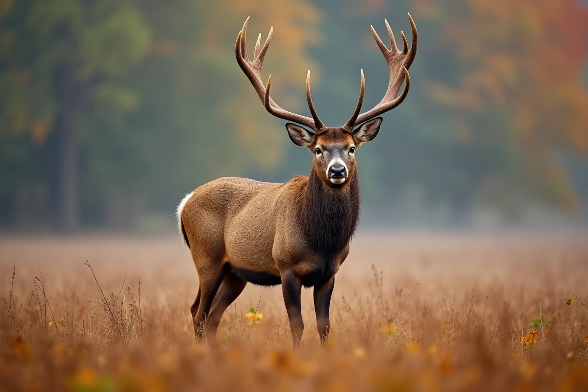 Cerf élaphe mâle imposant dans une clairière automnale avec son large bois ramifié, facile à distinguer du chevreuil par sa taille