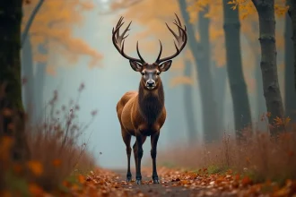 Cerf majestueux en lisière de forêt brumeuse en automne, symbolisant la spiritualité et la synchronicité