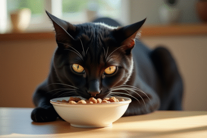 Chat Bengal noir mangeant dans une cuisine moderne