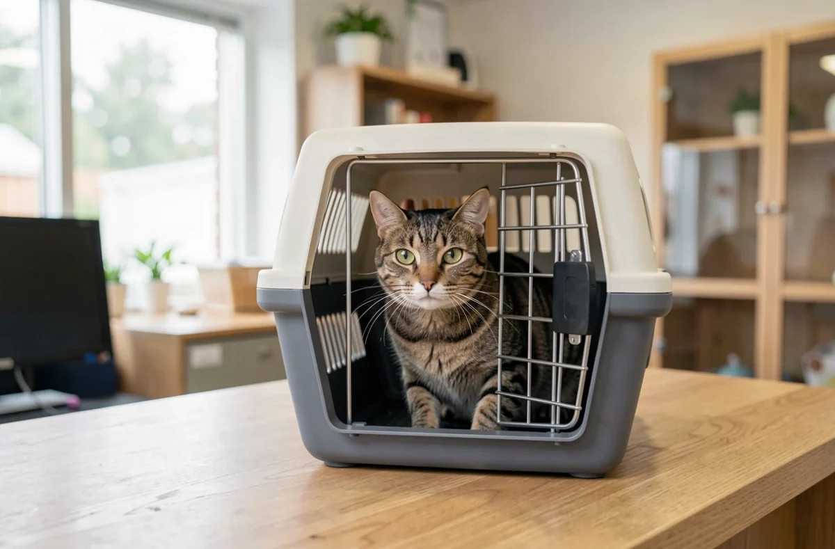 Chat dans sa caisse de transport à l'accueil d'une chatterie
