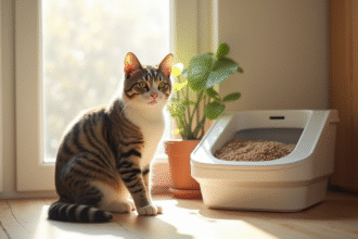 Chat domestique dans une pièce lumineuse près d'une litière propre