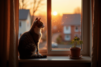 Chat domestique assis près d'une fenêtre au crépuscule