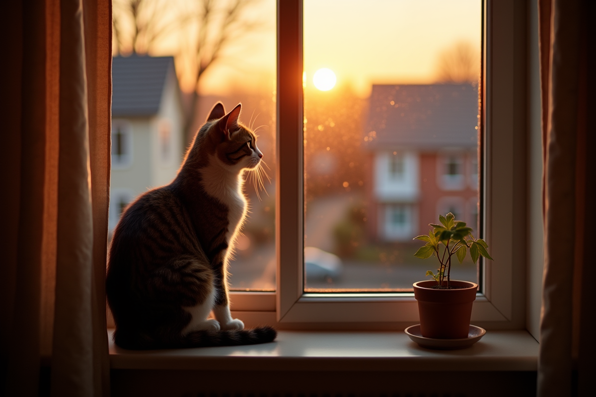 Chat domestique assis près d'une fenêtre au crépuscule