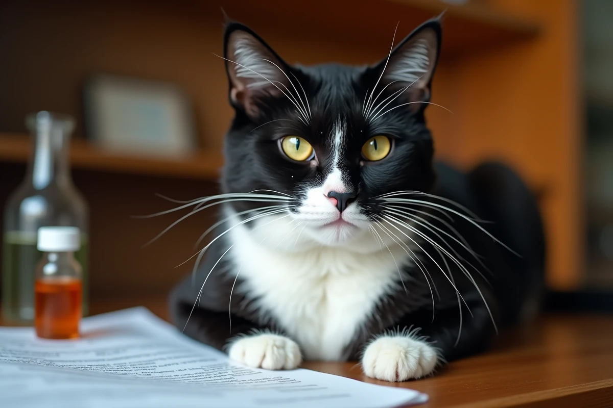 Chat domestique en bonne santé posé près d'une revue scientifique et d'un flacon de médicament illustrant les études cliniques sur le lotilaner
