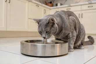 Chat gris adulte reniflant une fontaine à eau en inox sur le sol d'une cuisine moderne