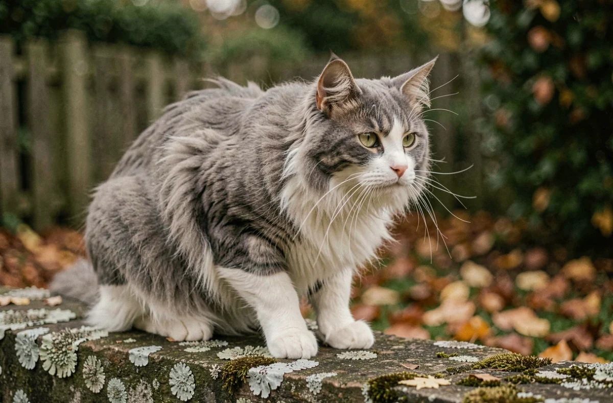 Chat des forêts norvégiennes aux longs poils gris et blanc perché sur un muret en pierre dans un jardin en automne, illustrant les spécificités de santé des races à poils longs en extérieur