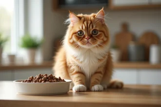 Chat Highlander assis près de sa gamelle de croquettes sur un plan de travail en bois clair