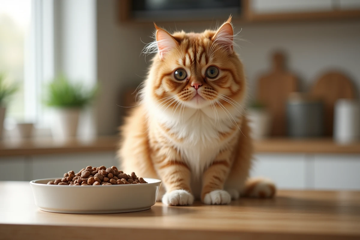 Chat Highlander assis près de sa gamelle de croquettes sur un plan de travail en bois clair