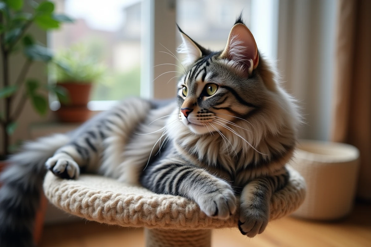 Chat Highlander allongé sur un arbre à chat en sisal près d'une fenêtre lumineuse