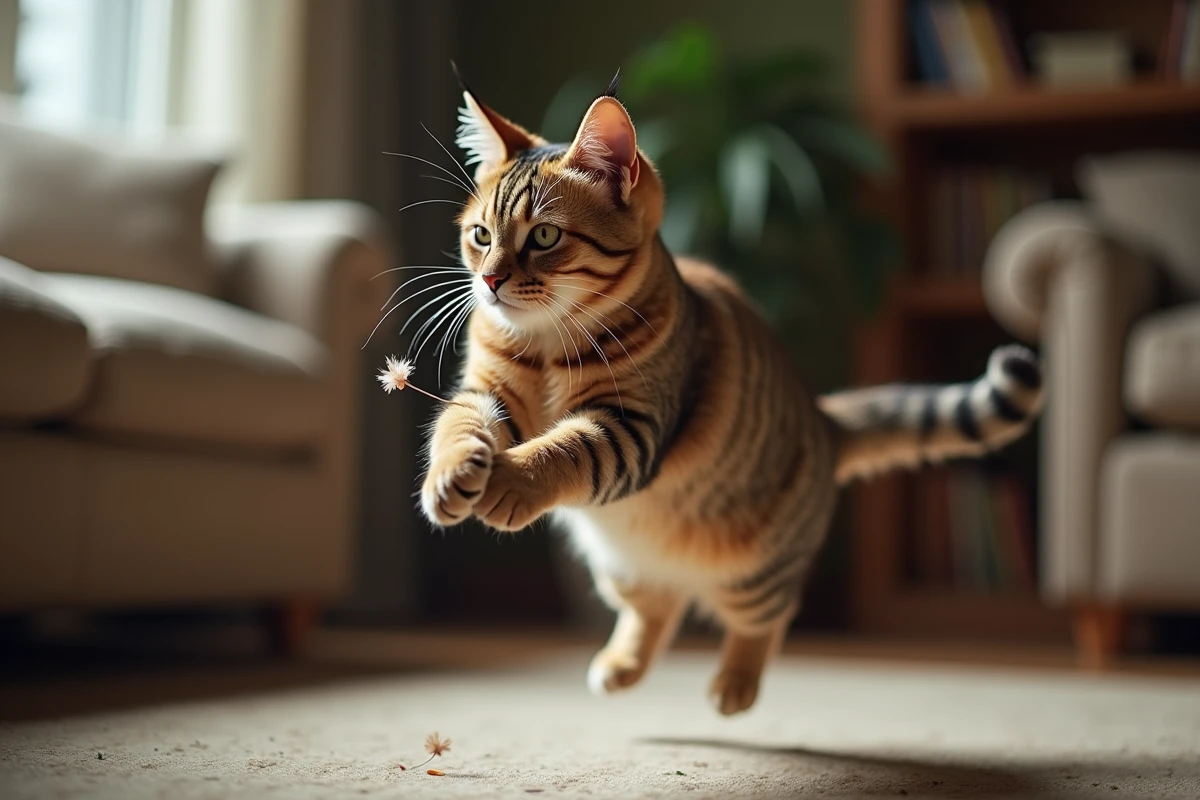 Chat Highlander en plein jeu bondissant vers une plume dans un salon confortable