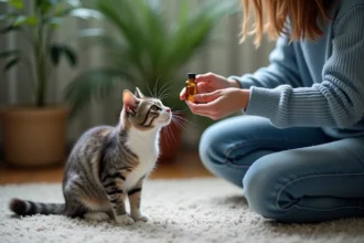 Chat gris et blanc reniflant une huile essentielle tenue par une femme