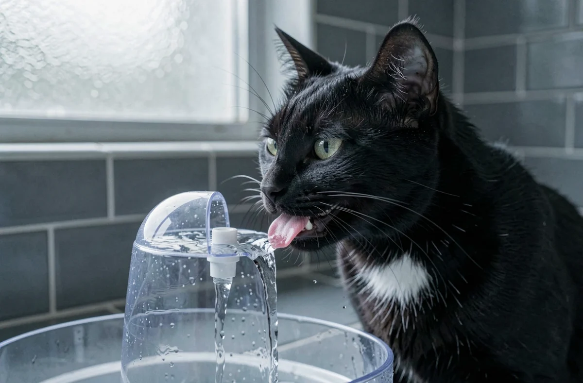 Chat noir buvant dans une fontaine à eau transparente sur un plan de travail de salle de bain