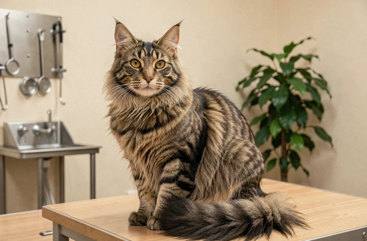 Chat Maine Coon aux longs poils roux tabby assis sur une table d'examen vétérinaire, illustrant les points de vigilance santé avant l'adoption d'une race à poils longs