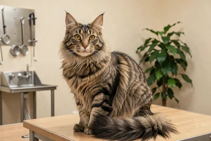 Chat Maine Coon aux longs poils roux tabby assis sur une table d'examen vétérinaire, illustrant les points de vigilance santé avant l'adoption d'une race à poils longs