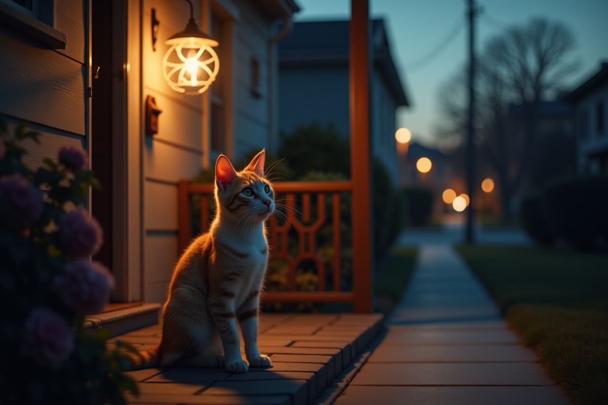 Chat curieux éclairé par la lumière du porche en soirée