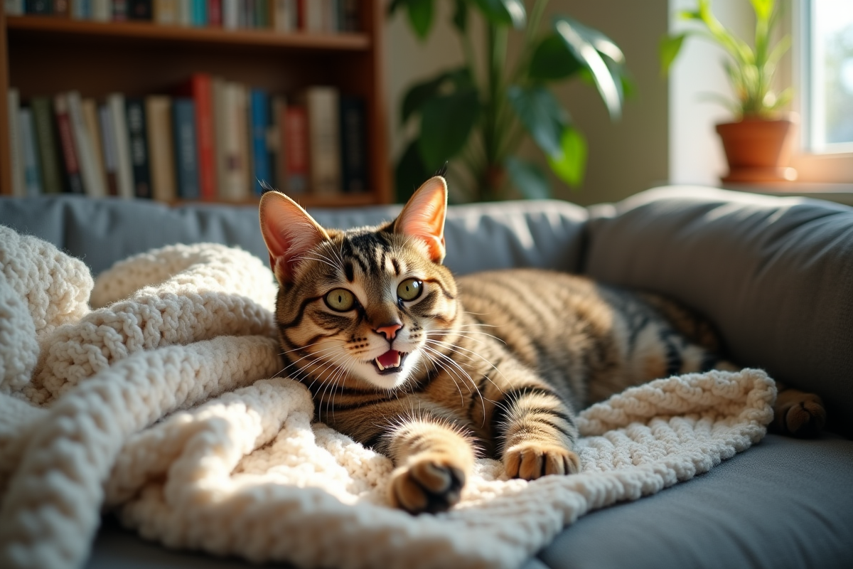 Chat domestique allongé sur un canapé ensoleillé
