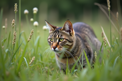 Chat tacheté en pleine nature dans l'herbe haute