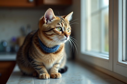 Chat tabby regardant par la fenêtre dans la cuisine