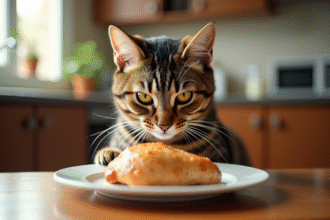 Chat tigré curieux à la maison sentant un plat de poulet cuit