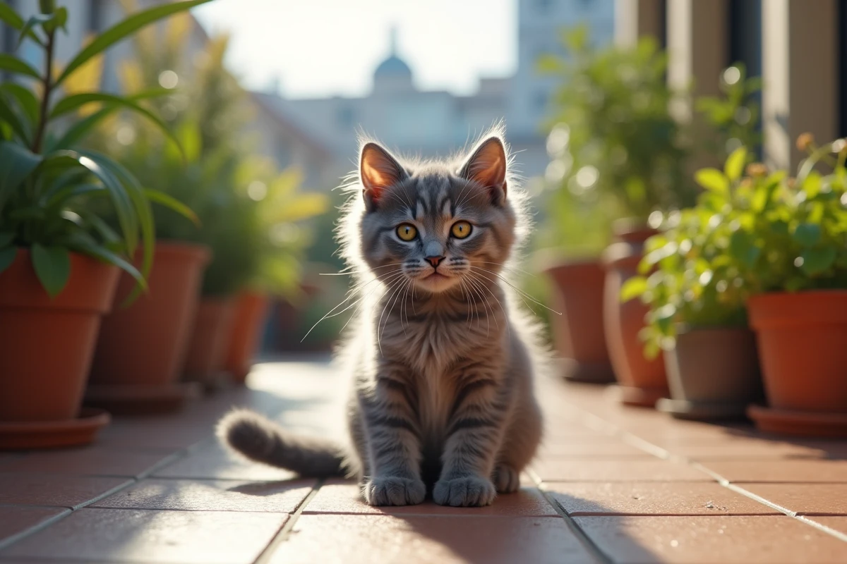 Chaton angora gris sur balcon ensoleille avec plantes vertes