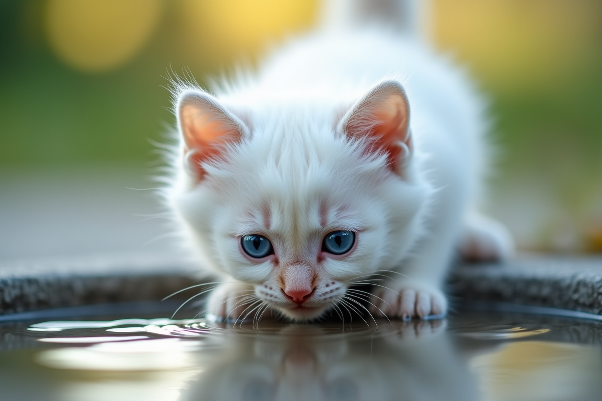 Gros plan d un chaton blanc aux yeux bleus buvant de leau avec fond flou
