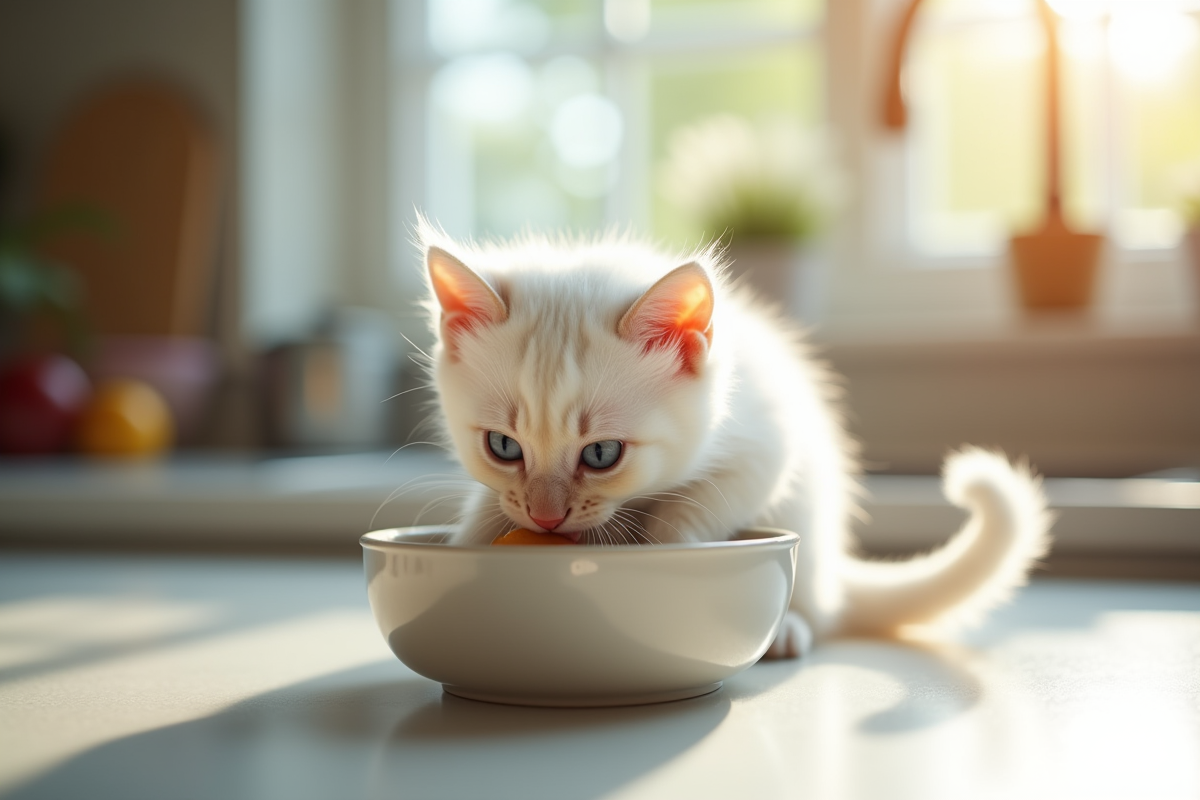 Chaton blanc aux yeux bleus mangeant dans un bol en céramique sur un plan de travail lumineux