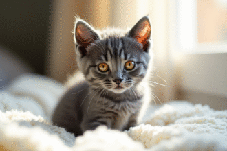Chaton british shorthair bleu gris aux yeux ambrés lumineux