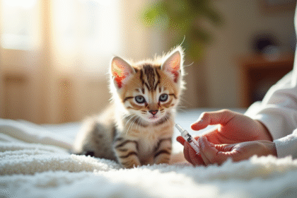Jeune chaton sur une couverture blanche en intérieur lumineux