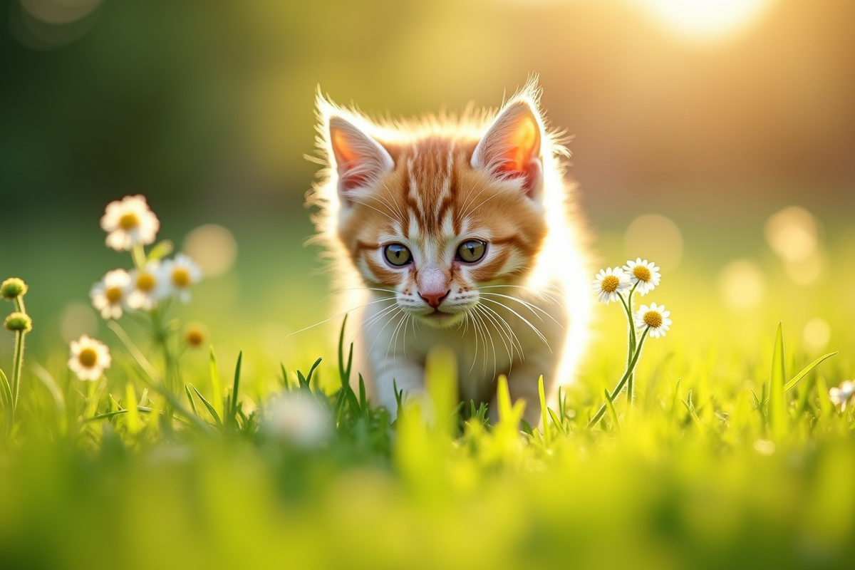 Chaton curieux explorant un jardin ensoleille avec des fleurs sauvages