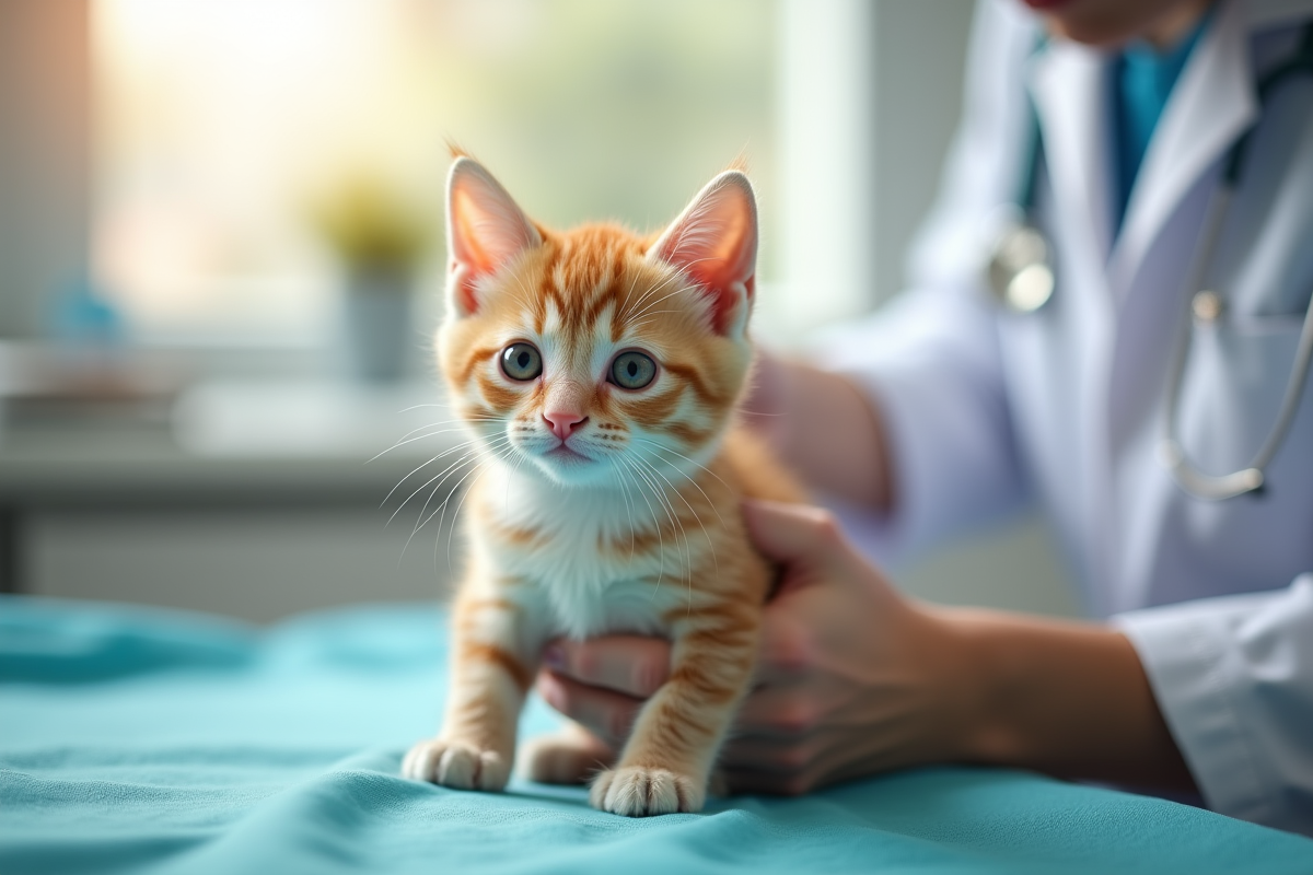 Chaton sain examiné par un vétérinaire dans une clinique lumineuse