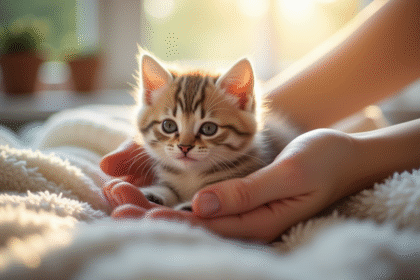 Petit chaton caressé par une main sur une couverture chaleureuse