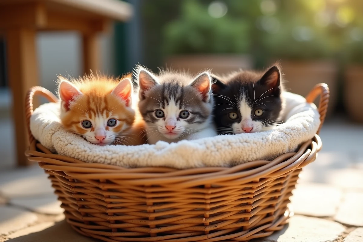 Trois chatons blottis dans un panier en osier sur une terrasse provençale près de Toulon, en attente d'adoption