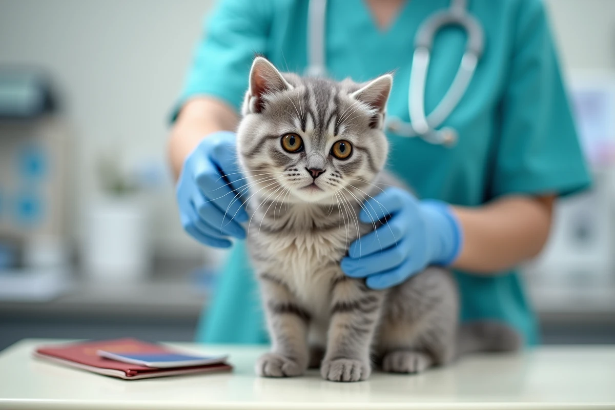 Chatte British Shorthair lors d'un contrôle vétérinaire avec passeport et carnet de santé, garantie d'une adoption sérieuse