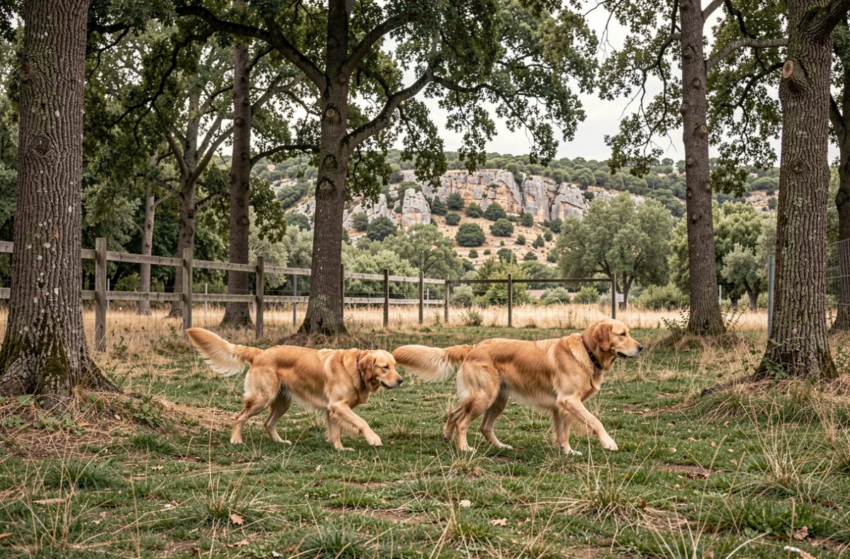 Deux golden retrievers en liberté dans la pension naturelle du Chenil des Romarins à Vauvenargues