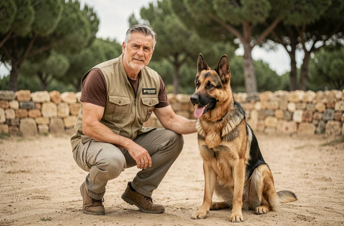 Éducateur canin avec un berger allemand dans le cadre d'une pension éducative à Fuveau, Bouches-du-Rhône
