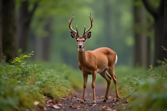 Chevreuil mâle en forêt avec ses petits bois caractéristiques, permettant de l'identifier et de le distinguer du cerf