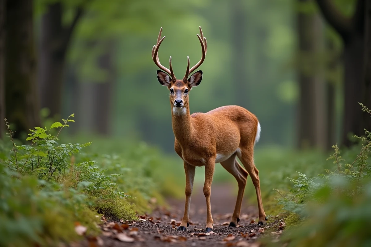 Chevreuil mâle en forêt avec ses petits bois caractéristiques, permettant de l'identifier et de le distinguer du cerf