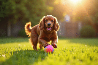 Cocker Spaniel américain jouant avec une balle colorée dans le jardin