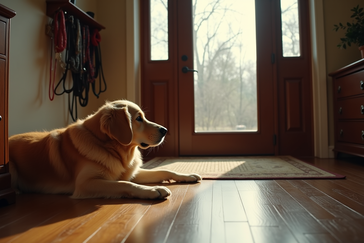 Golden retriever seul près de la porte d