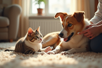 Chien heureux et chat content sur un tapis ensoleille