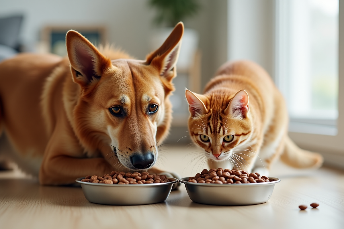 Chien et chat heureux mangeant leur nourriture Ownat