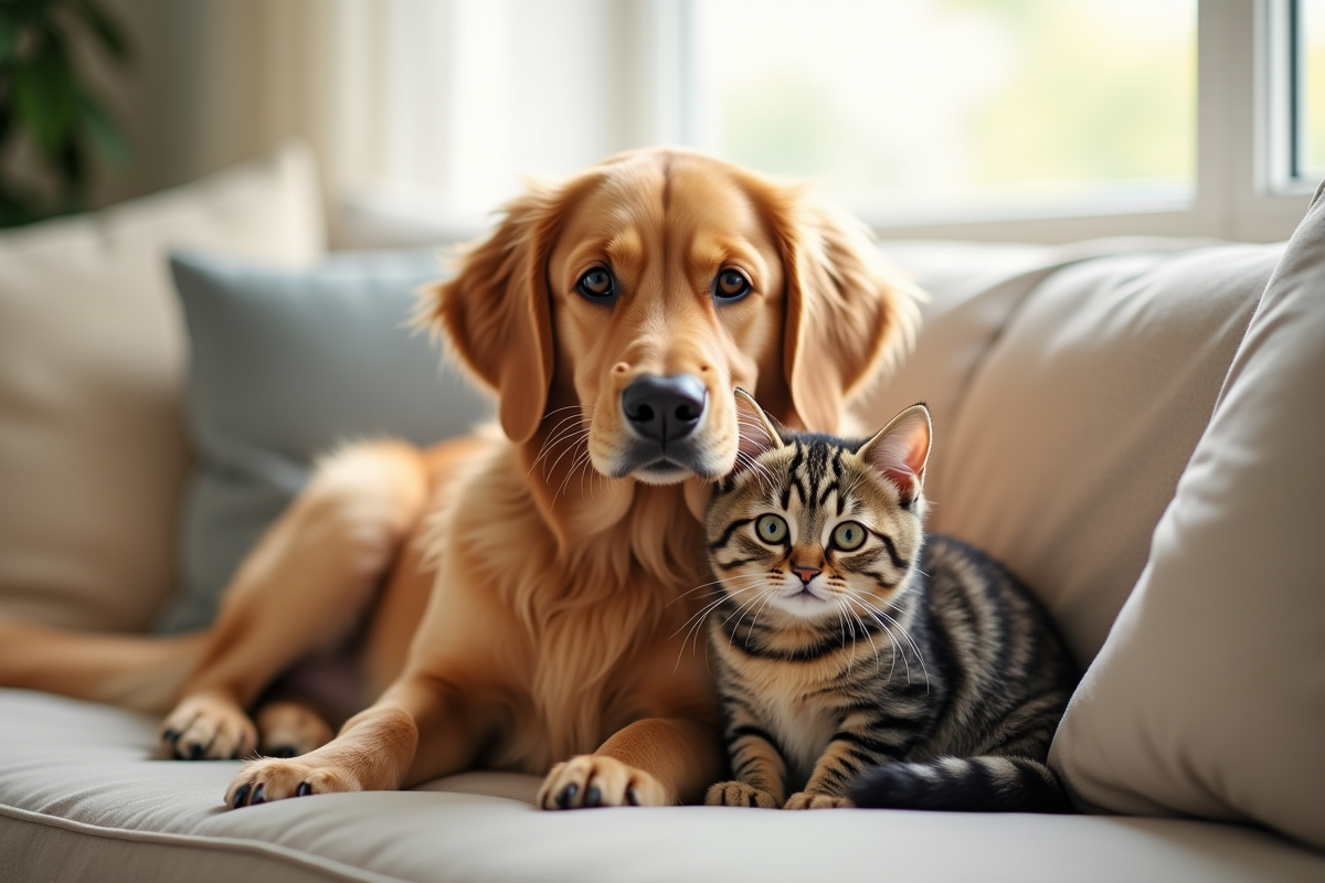 Golden retriever et chat tigré assis ensemble dans un salon lumineux