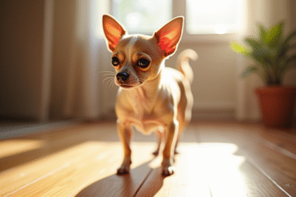 Chihuahua à poil court sur un sol en bois en plein soleil