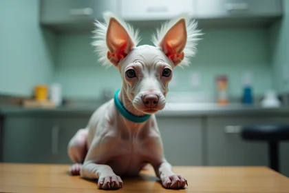 Chien Chinese Crested sans poils sur une table vétérinaire, illustrant le débat sur les chiens au physique atypique selon les vétérinaires