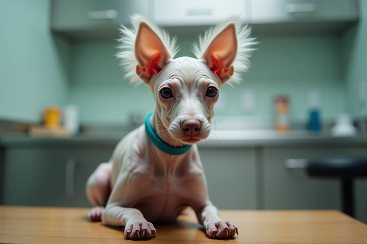 Chien Chinese Crested sans poils sur une table vétérinaire, illustrant le débat sur les chiens au physique atypique selon les vétérinaires