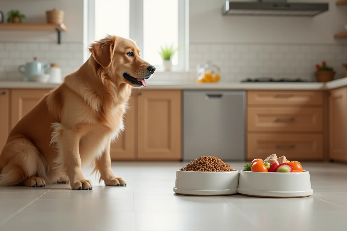 Chien Golden Retriever regardant deux gamelles côte à côte, l'une avec des croquettes industrielles et l'autre avec une alimentation naturelle et équilibrée