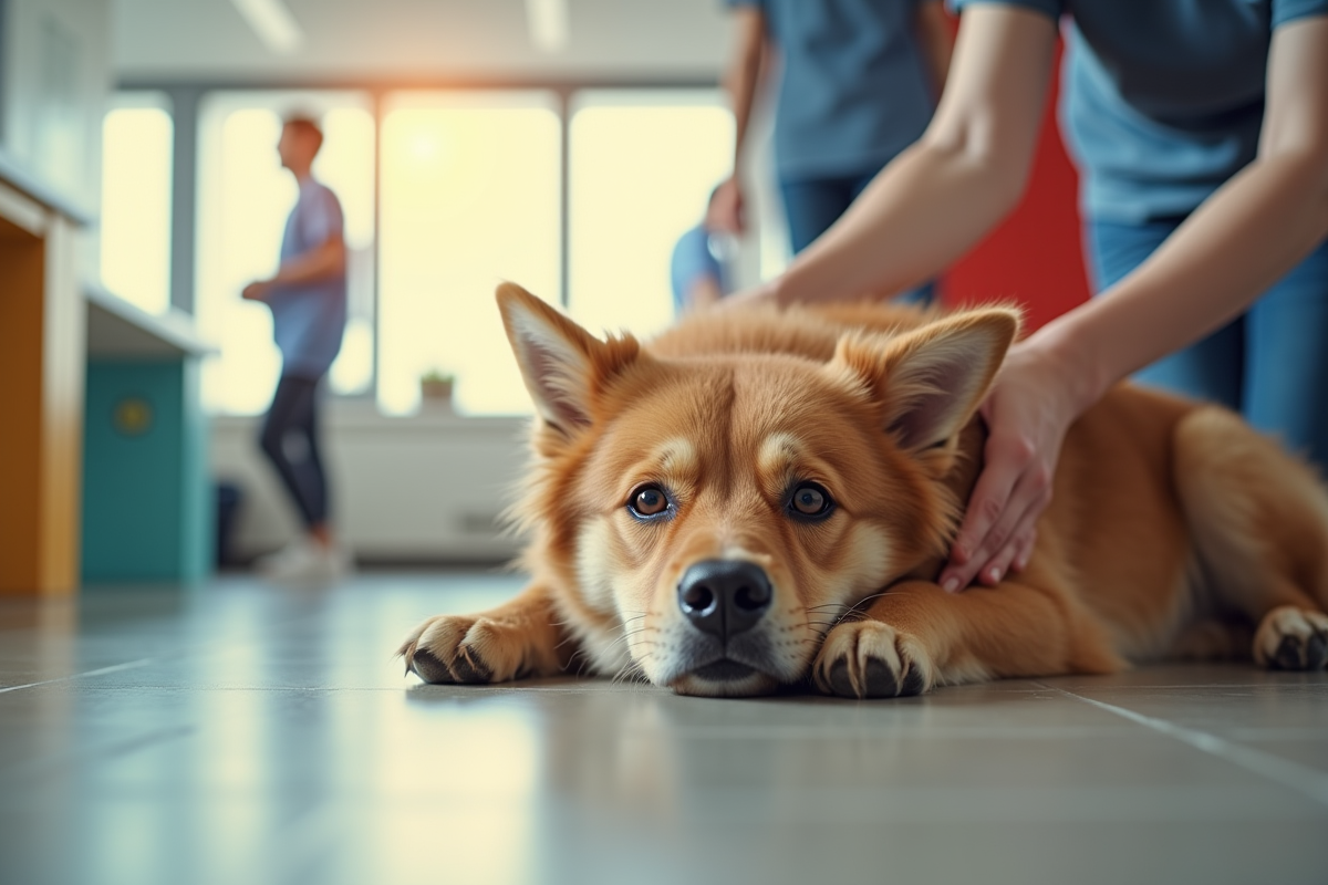 Chien détendu et caressé dans une pension moderne