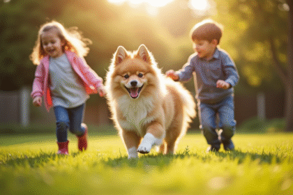 Chien Finnish Spitz jouant avec des enfants dans le jardin ensoleille