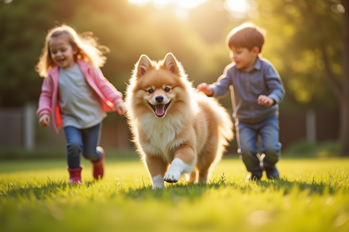 Chien Finnish Spitz jouant avec des enfants dans le jardin ensoleille