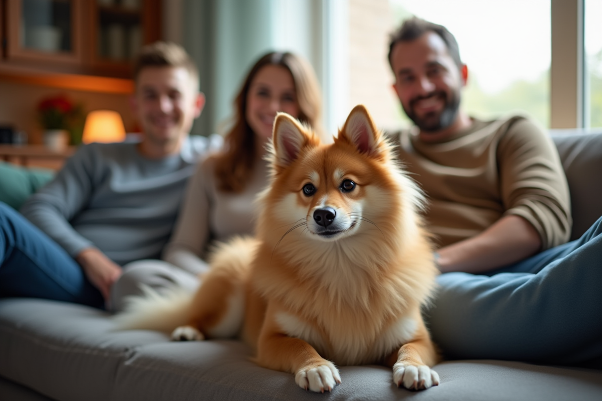 Finnish Spitz assis avec une famille dans le salon lumineux
